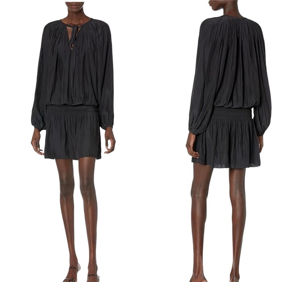 Ramy Brook Rosey Blouson Smocked Mini Dress Black Long Sleeve Tie Neck Size S - Picture 16 of 16